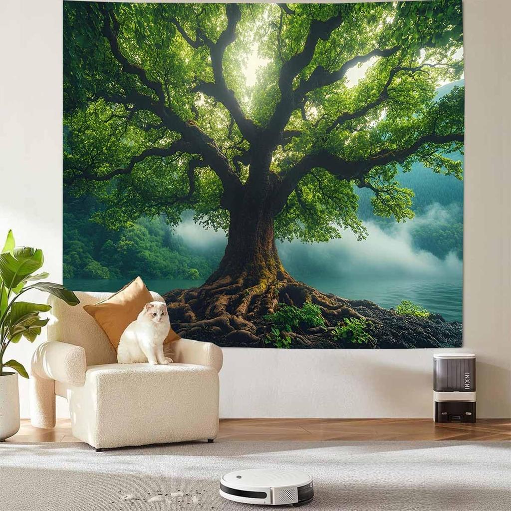 Nature Green Misty Forest Tree Tapestry Large Landscape Tree Of Life 3D Print Jungle Scenery Tapestries Wall Hanging For Bedroom