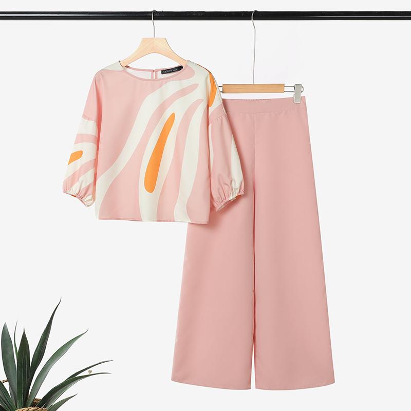 

ZANZEA Женский повседневный костюм-двойка: блузка с рукавом 3/4 и принтом и брюки S