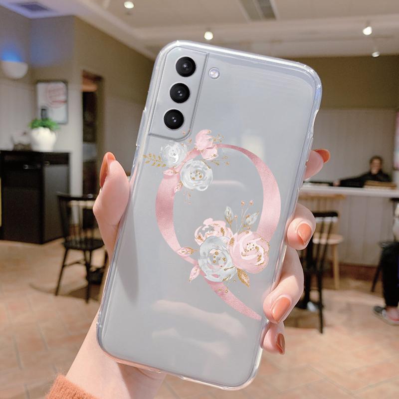 Initial Letter Cover For Samsung Galaxy S23 S24 S25 Plus Ultra Case Transparent Soft Silicone Flowers Capa For Samsung S23+ Bag