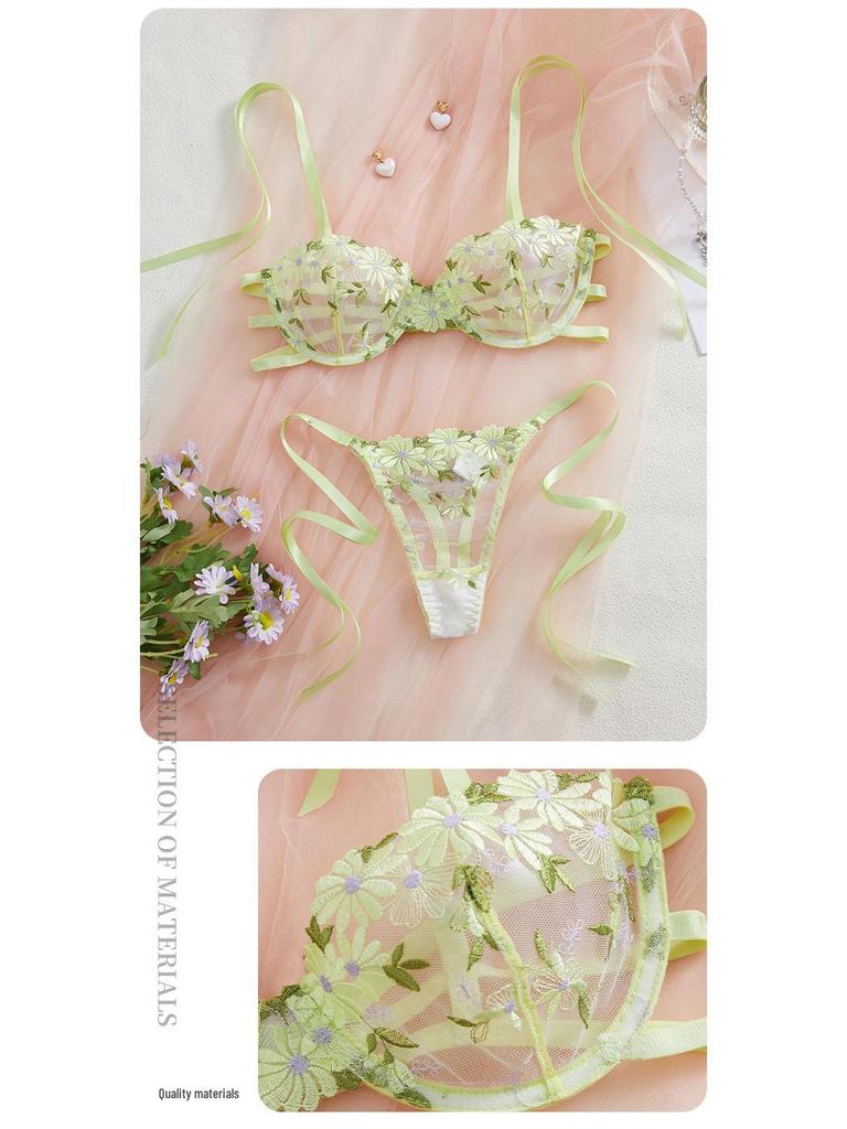 Light Green Floral Embroidered Lace Lingerie Set