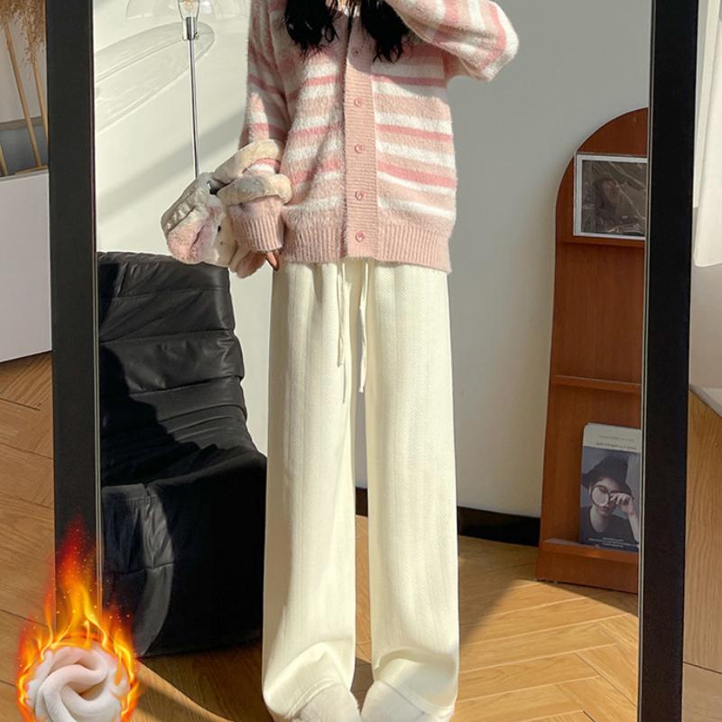 Herringbone Chenille Wide-leg Pants for Women's Autumn and Winter New Style Plush Pants for Slimming Loose Casual High-waist Straight-leg Pants