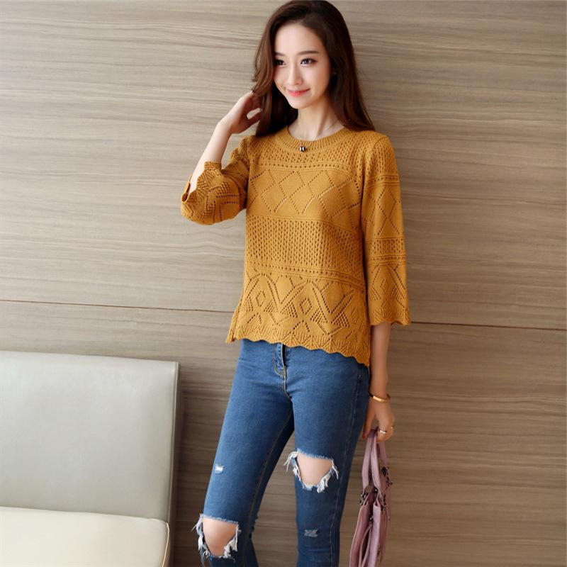 În primăvară și vară Pulover scobit nou din tricot Jachetă de damă cu secțiune subțire cu gât rotund Îmbrăcăminte linie largi Cămașă cu mânecă de șapte minute