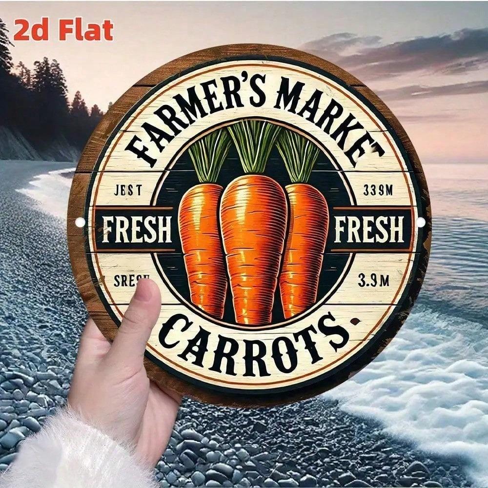 Vintage Farmers Market Metal Tin Sign, Rustic Farmhouse Decor with Carrots, Waterproof Aluminum Poster, 7.87in