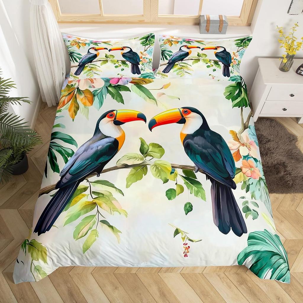 Toucan Bedding Set Palm Leaves Duvet Cover Twin For Boys Girls Tropical Jungle Birds Comforter Cover Botanical Bedspread Cover