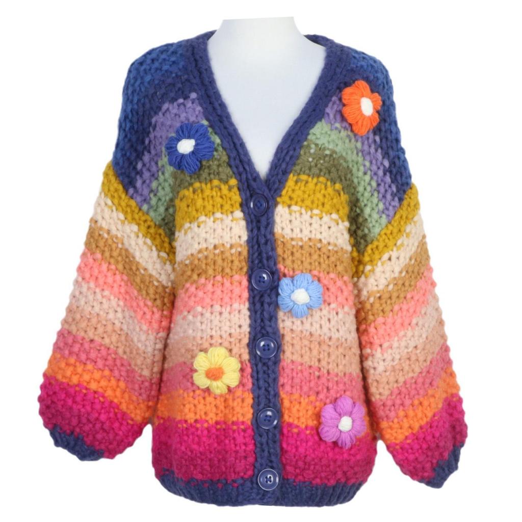 Women's Handmade Rainbow Stripe Floral Sweater Cardigan - Autumn/Winter European & American Style