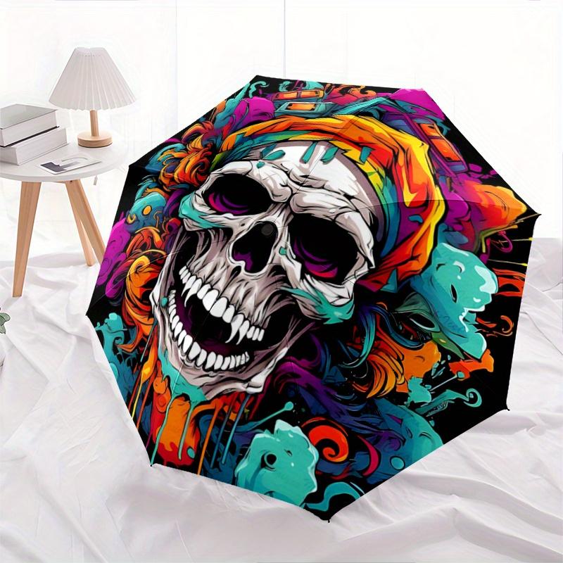 

1pc Colorful Skull Design Automatic Opening/Closing Umbrella - Portable 3-Fold Design, 8-Bone Iron Frame Outdoor Umbrella, Ideal Gift for Fans, T