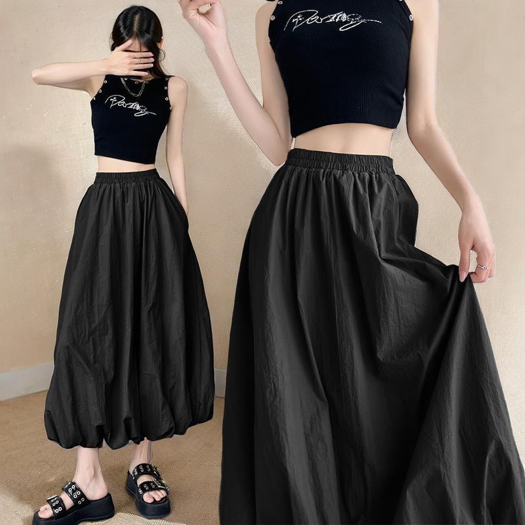 Spring and Summer Tooling Skirt Casual Loose Bud Skirt Women's Elastic Waist Pleated Tutu Skirt Mid-length Skirt
