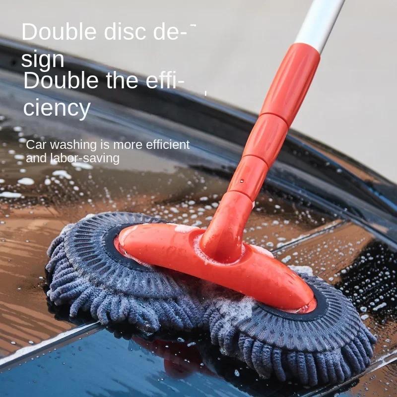 Car Washing Mop with Rotating Double Brush Head Telescopic Retractable Design Double Layer Car Wash Brush for Easy Cleaning Rags