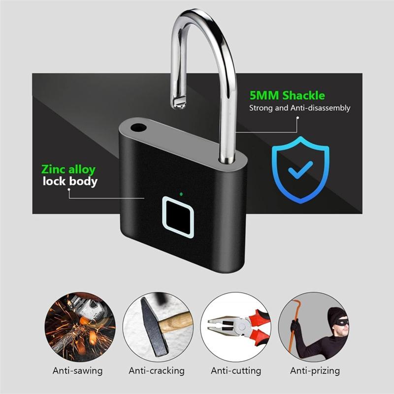 Smart Keyless USB Charging Fingerprint Lock Padlock Waterproof Door Lock 0.2sec Unlock Portable Anti-theft Padlock Zinc