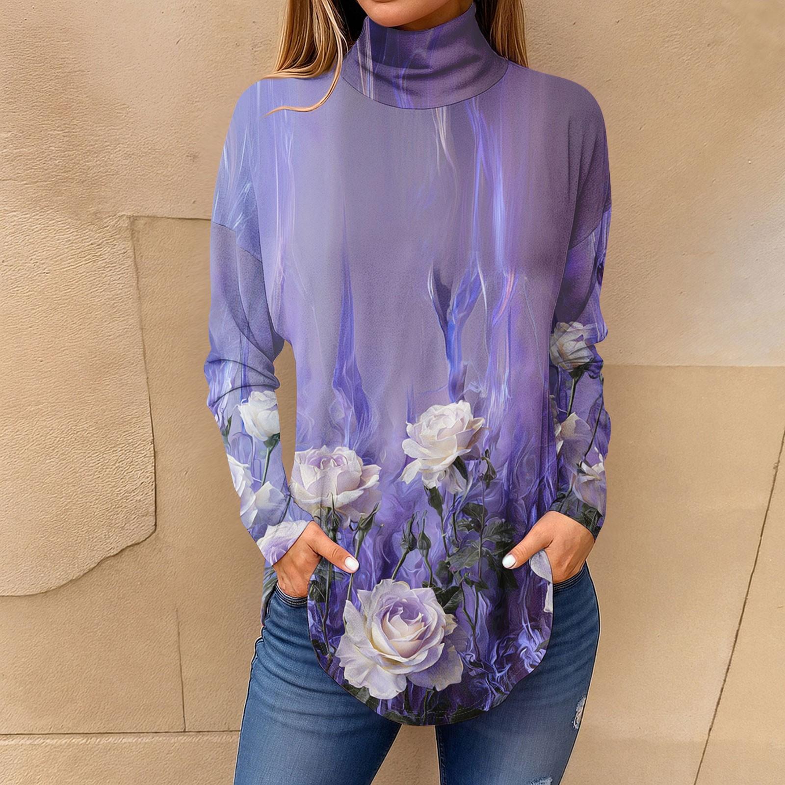 

Tee Shirts For Women Fall Casual Long Sleeve Shirts Sweatshirt Vintage Printed High Neck Top Pullover M