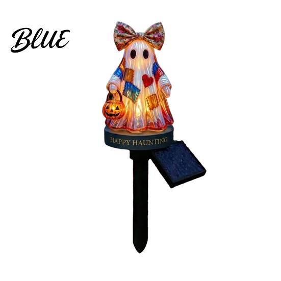 Solar Self-charging Lamp Ghost Garden Stake Light Halloween Pumpkin Lantern with Bow Lawn Decor Waterproof Resin Outdoor Yard for Pathway Decoration