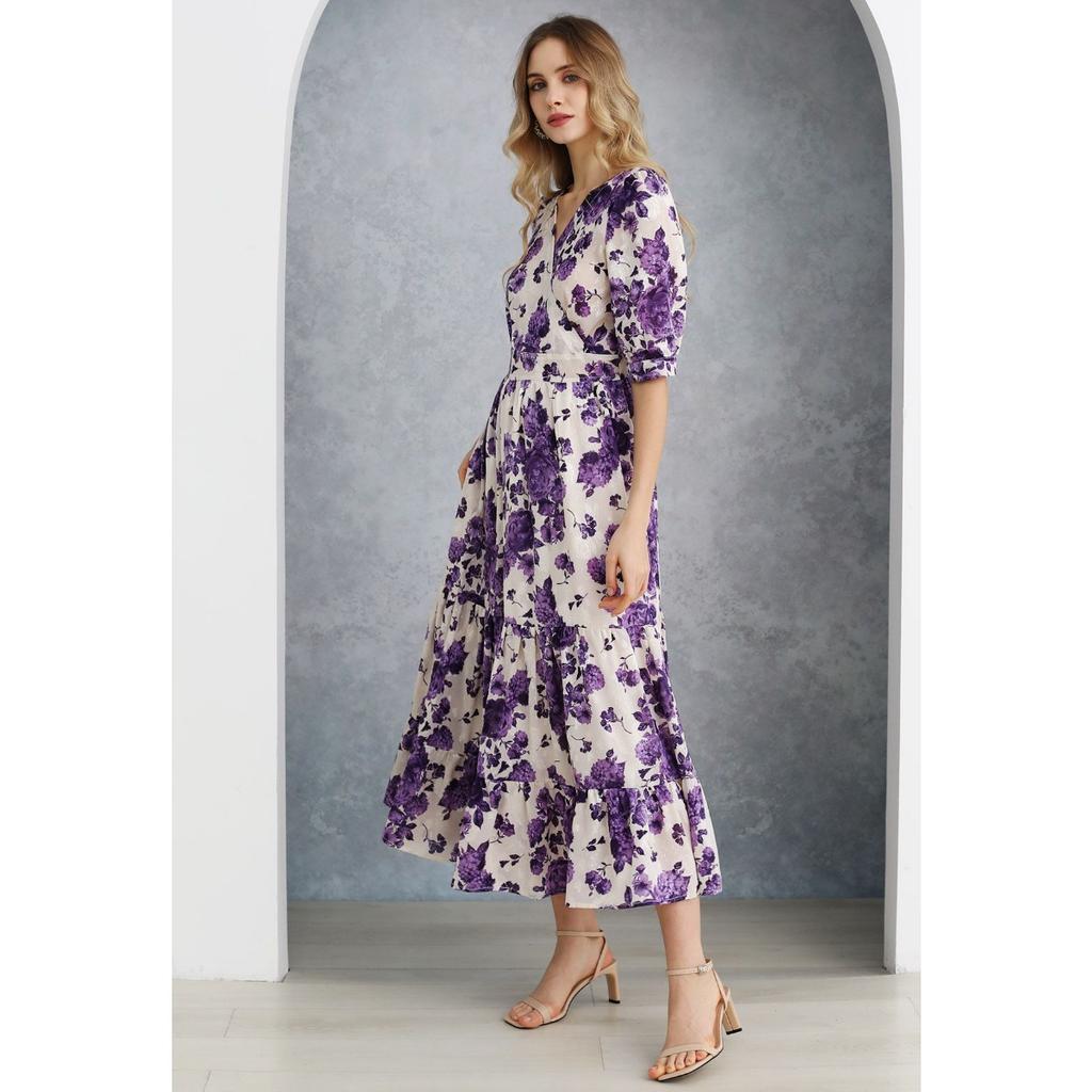 New Spring Summer Women's French Style Floral Print V-Neck Waist Cinched Dress for European and American
