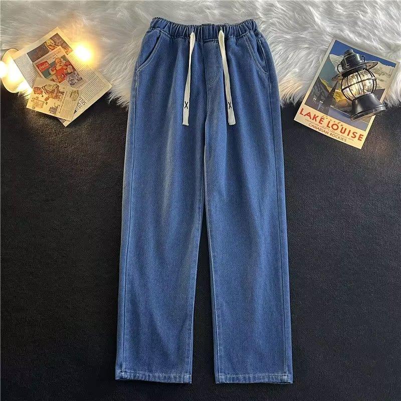 Modă Șnur Culoare Deschisă Jeans cu Talie Elastică Băieți Largi Drepți Modă Picior Larg Casual Mop Pantaloni Lungi