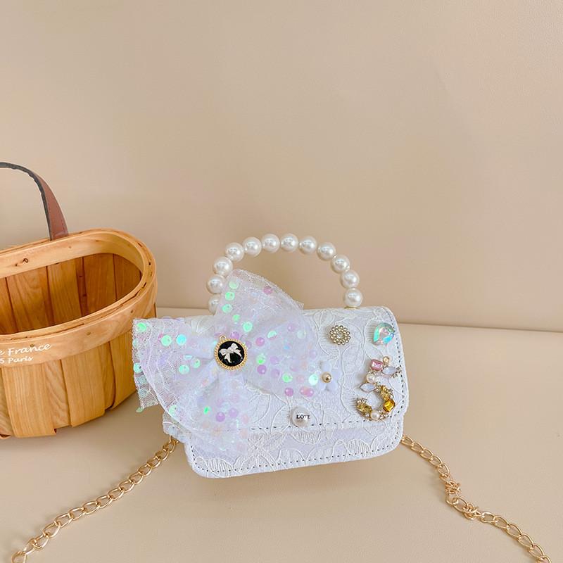 Entzückende Mini-Prinzessin-Tasche mit Schleife für Kinder mit schickem Perlendetail und stilvoller Kette