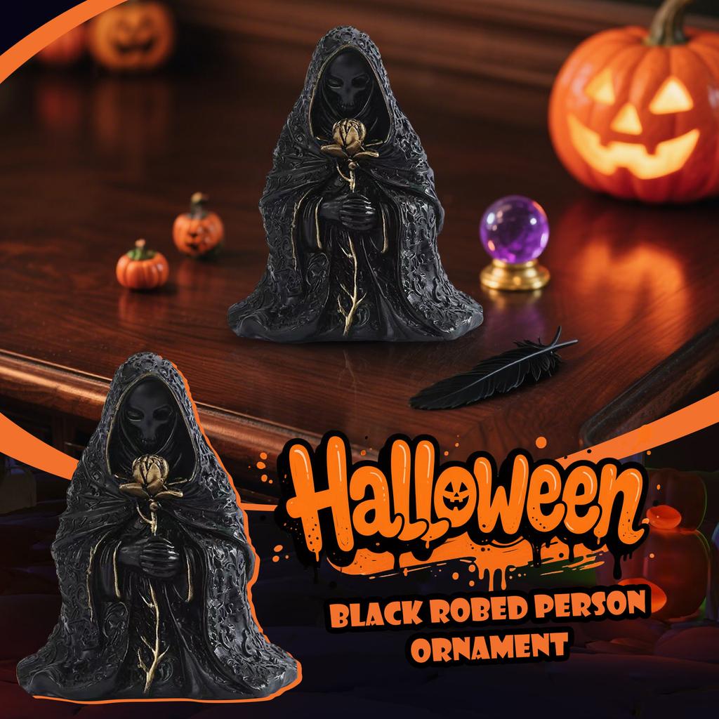 Black Resin Grim Figurine Holding Golden Flower - Gothic Home Decoration