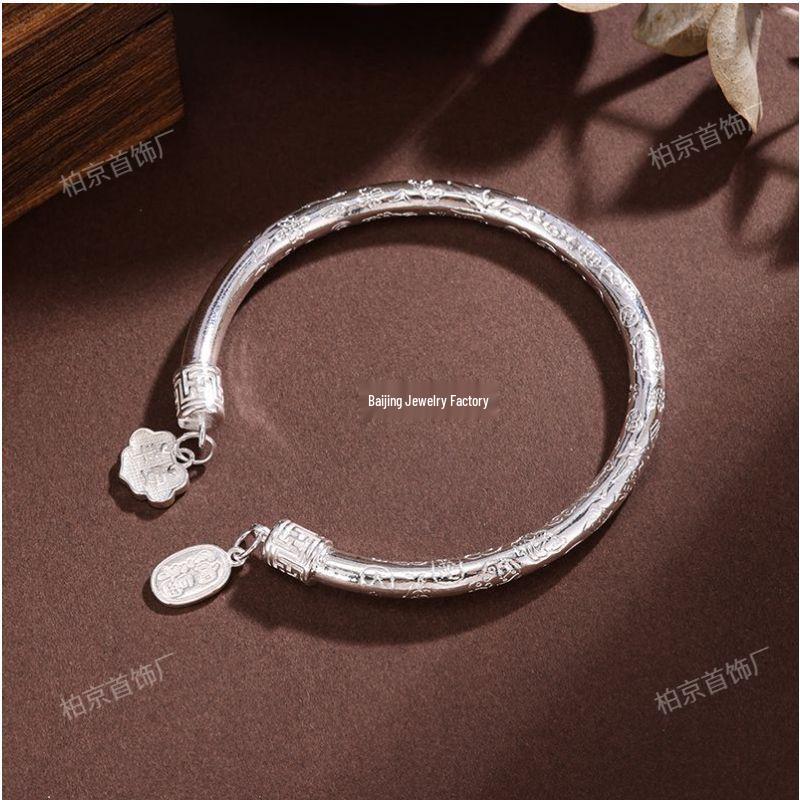 Elegant Chinese Style Auspicious Words White Copper Silver-Plated Open Bracelet - Perfect Gift for Girlfriend