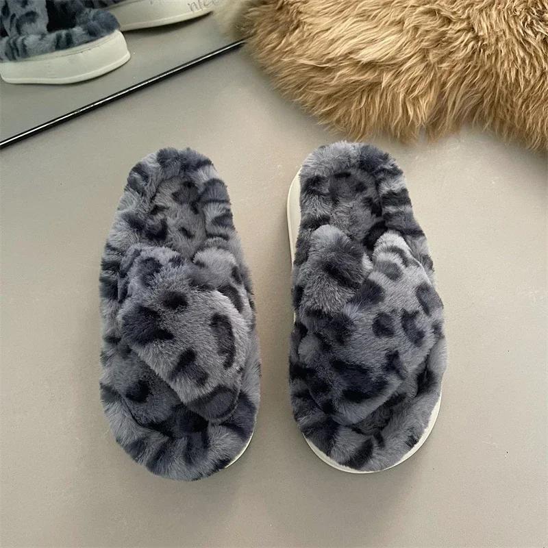 

Warm Plush Slippers Women Slides Flat Mid Heels Women Shoes Animal Print Cute Letter Platform Fluffy Fur Slippers Shoes 36 серый