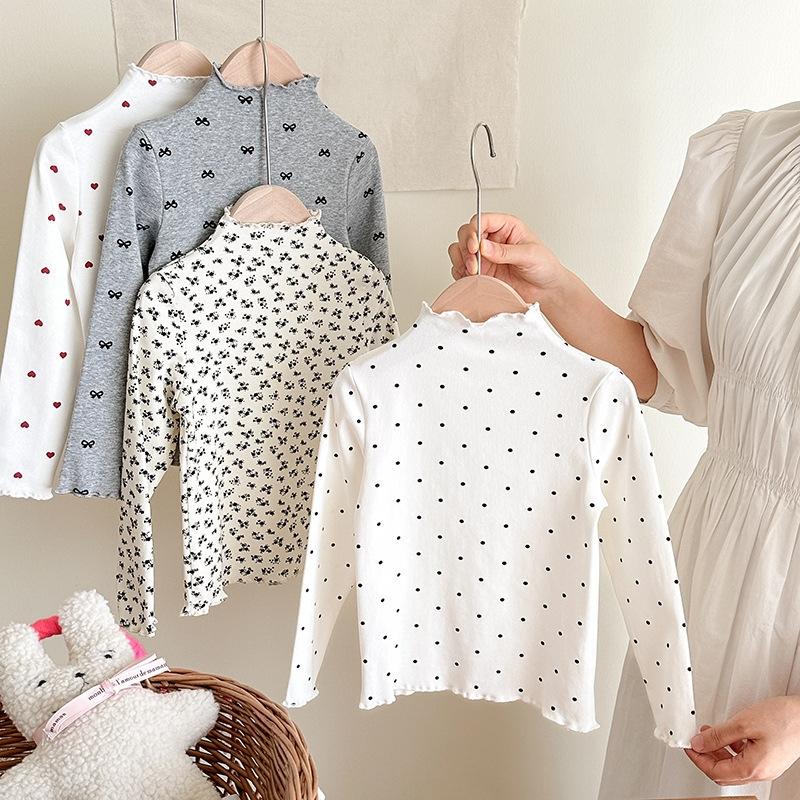 Children Girls Long-sleeved T-shirts Autumn Dot Print Infant Babys Girl Tops Turtleneck Bow Flower Toddler Kids Girls Undershirt