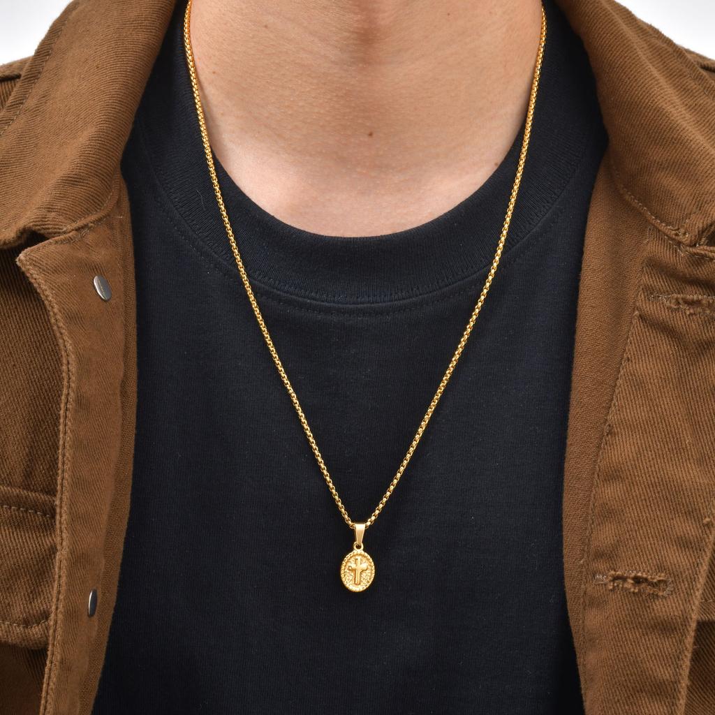 Vnox Dainty Christian Cross Necklace for Men Women, Stainless Steel Oval Pendant Box Chain, Faith Charm Religious Jewelry Gifts
