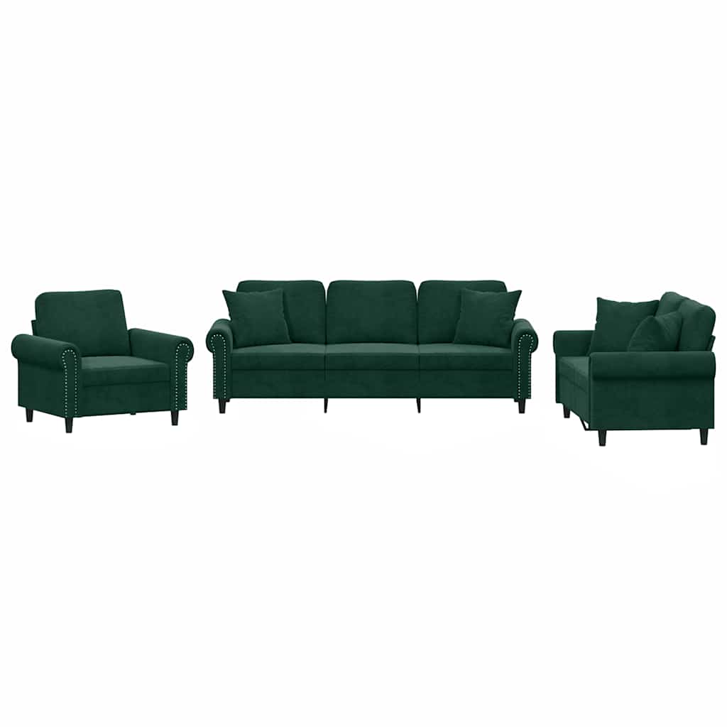 Vidaxl 3-Cz. Relaxation Set With Cushions, Dark Green, Velvet