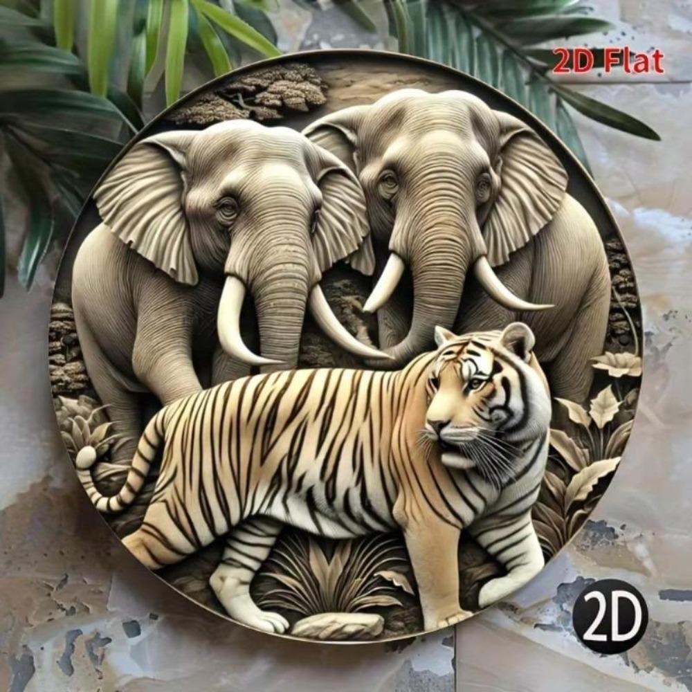 Vintage Metal Wall Art Round Iron Sign Elephant Tiger 8x8 Inch UV Coating Indoor Outdoor Decor Easy Hang