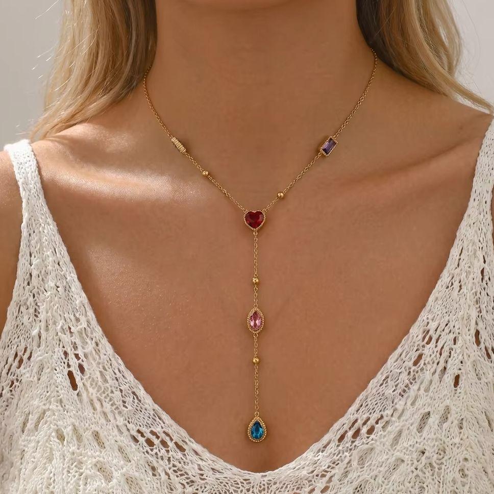 Stainless Steel Colorful Zircon Long Pendant Necklace For Women Simple Love Heart Shape Waterdrop Geometric Choker Party Jewelry