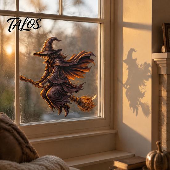Static Glass Decals Halloween Witch on Broomstick Cling, Themed Window Sticker, Adsorption Stickers Removable Wall Cling for Storefront Windows Doors