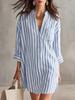 Women Striped Shirt Dress Long Sleeve Button Down Collar Pocket Loose Casual Mini Dress