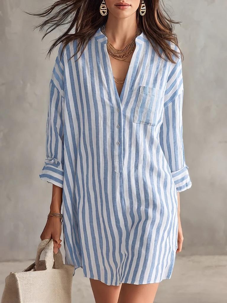 Women Striped Shirt Dress Long Sleeve Button Down Collar Pocket Loose Casual Mini Dress