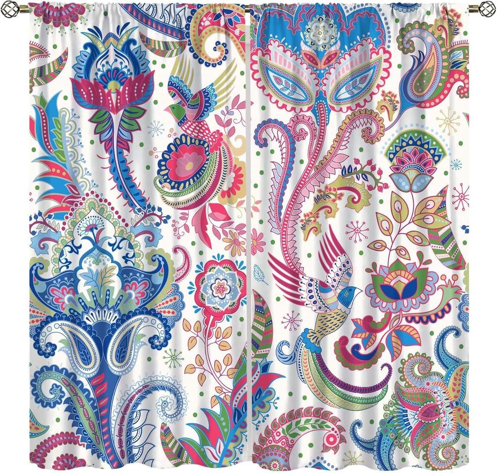 Insulated Colorful Floral Curtains Vintage Tribal Ethnic Abstract Paisley Mandala Pattern Print Bedroom Curtain Boho Polyester Washable Sleeping Area