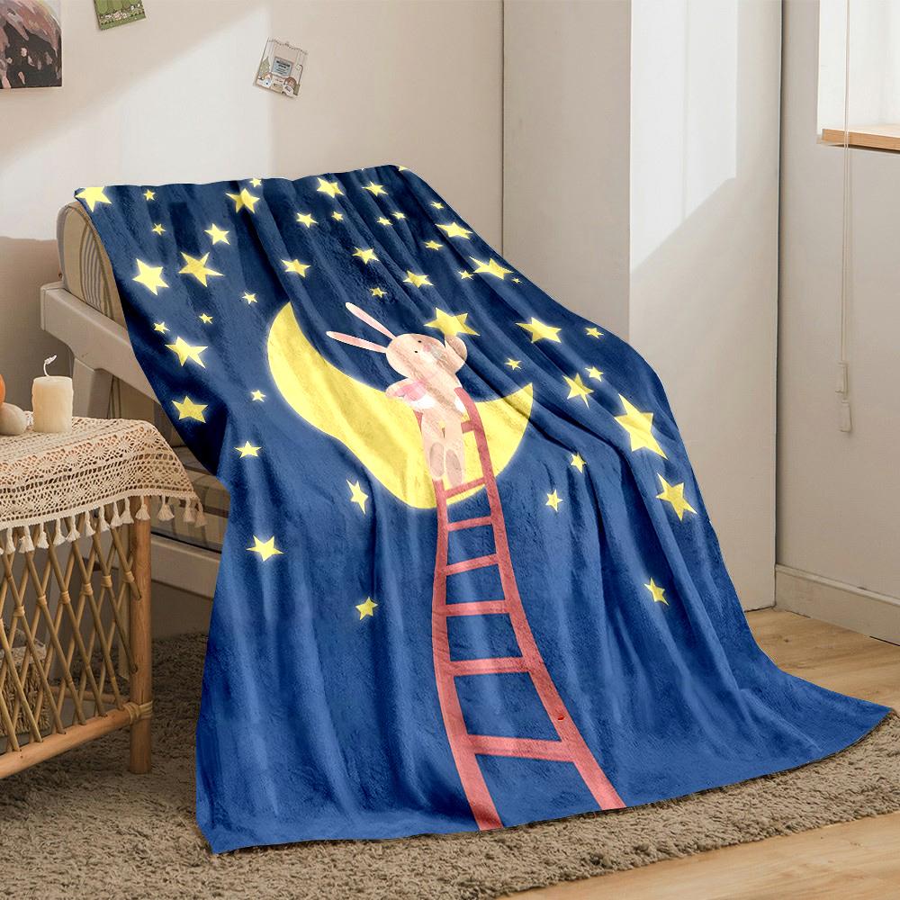 1Pc Bunny On Ladder By Crescent Moon Print Blanket Warm Soft Fluffy Kids And Adult Sofa Bed Throw Outdoor Travel Camping Rv