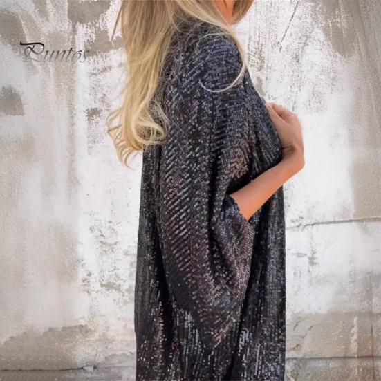 Spring Autumn Women Jacket Sequin Decor Slim Fit Open Stitch Mid Length Long Sleeves Pure Color Club Party Daily Wear Coat