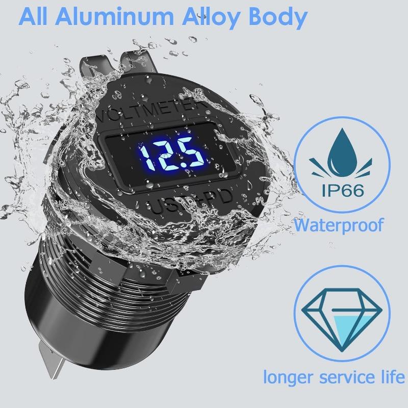 12V Quick Charge 3.0 USB C Car Charger Socket Dual PD & QC3.0 USB Fast Chargring Socket Power Outlet with LED Voltmeter Switch