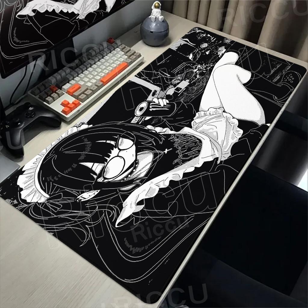 Podložka pod myš pro anime dívku XXL Pixel Černobílá Podložka pod myš Dekorace stolu Podložka na klávesnici Kancelářské potřeby XXL Podložka na PC stůl E-sportový koberec