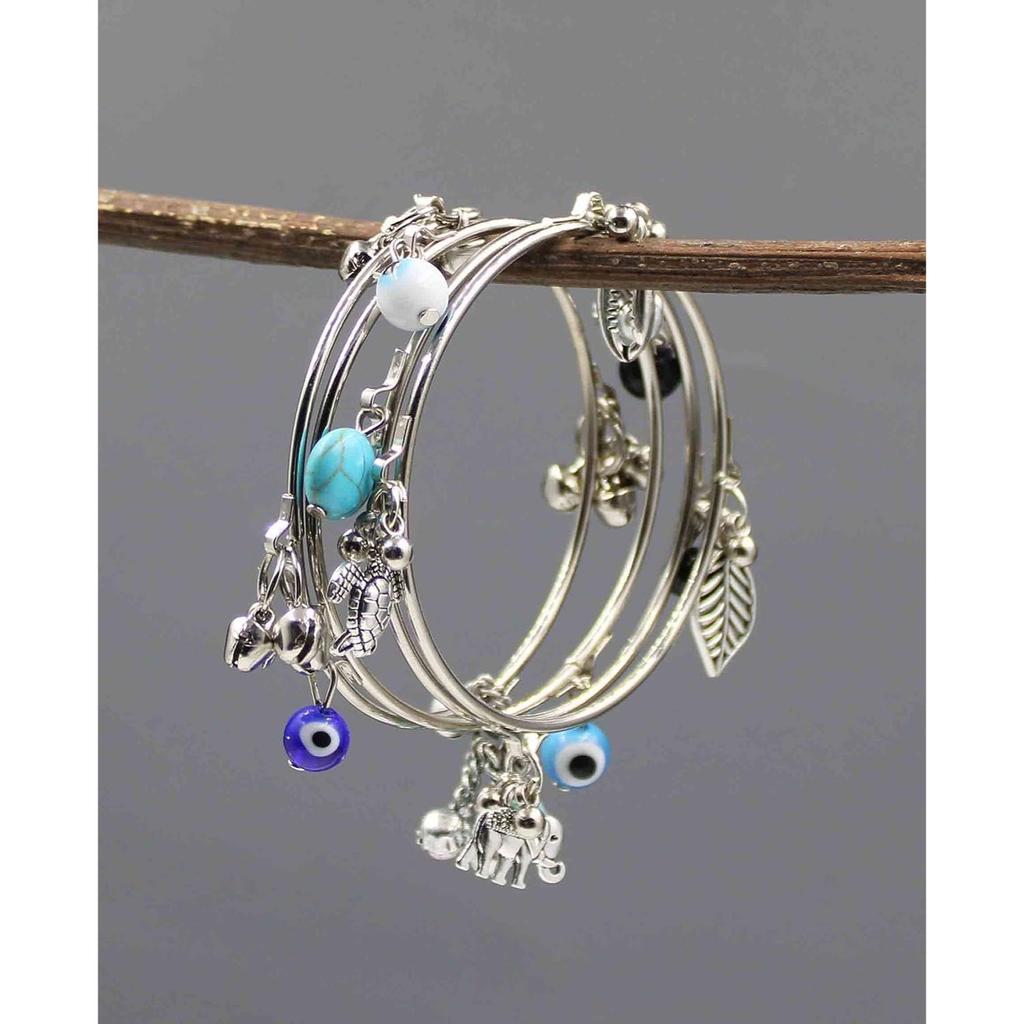 GURJARI JEWELLERS Womens Oxidised 4 Bangles with Turquoise,Evileye,Gungru Beads Charm Bangles Set