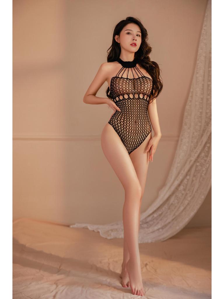 Nadměrná velikost průhledné síťované spodní prádlo s otevřeným rozkrokem a punčochami na podvazky - Sexy a vášnivé