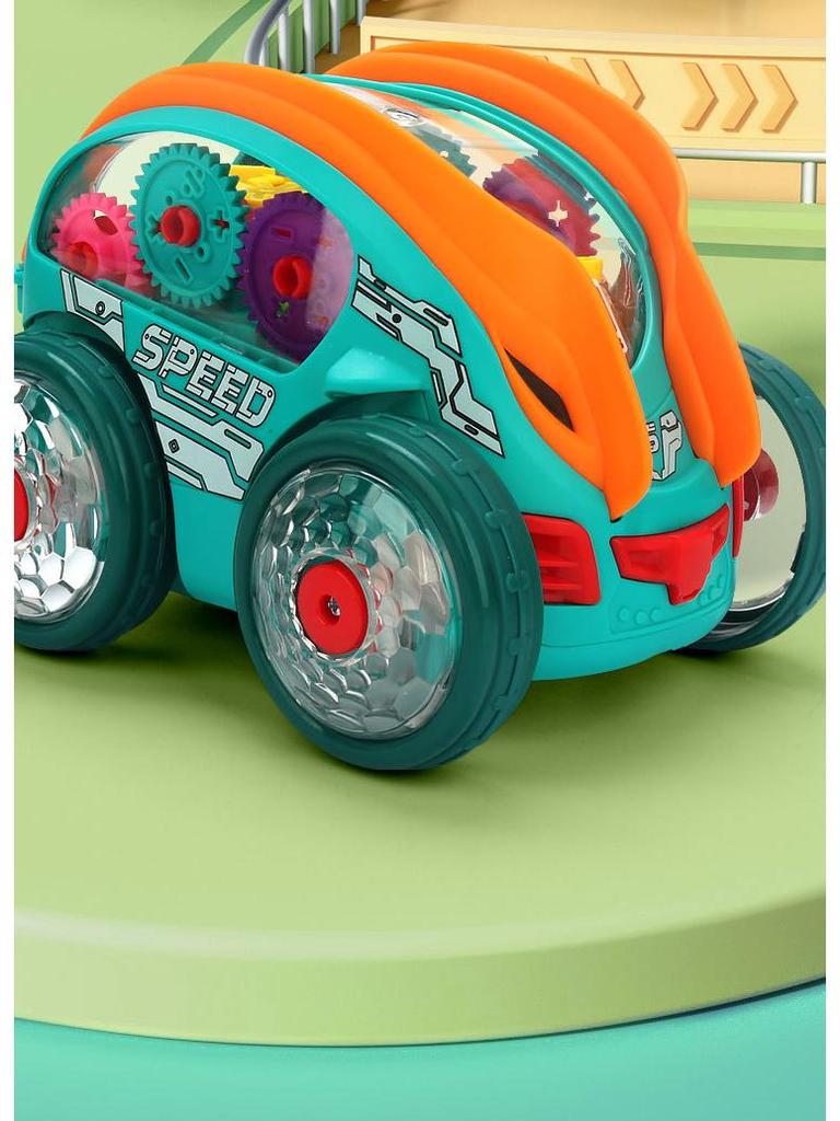 Electric Stunt Dump Truck with Music, Lights & 360° Rotation - Transparent Gear Toy for Kids