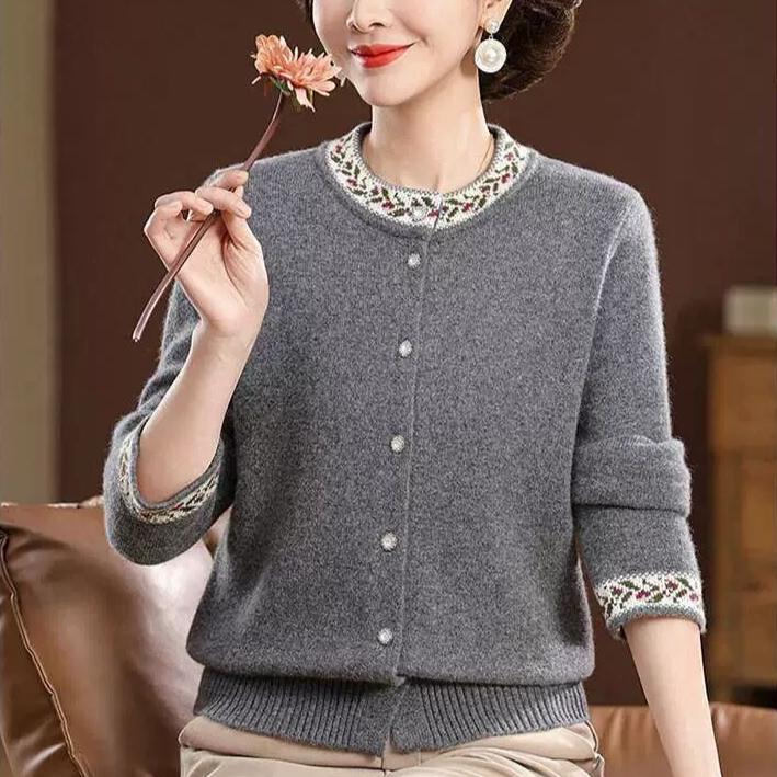 Autumn Winter Women's Round Neck Embroidered Cardigan Sweater Thickened Loose Knit Cardigan