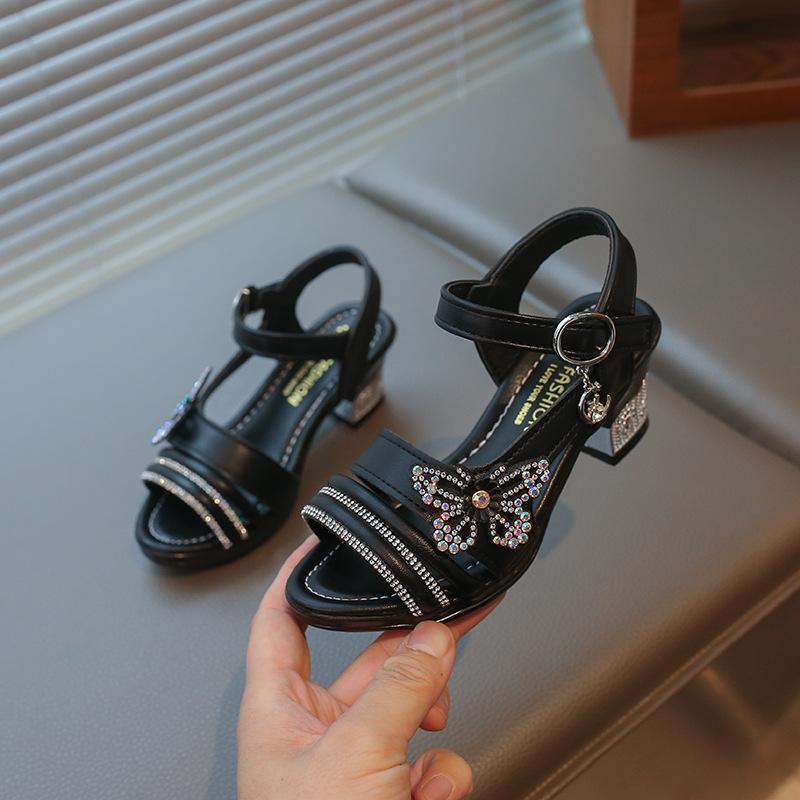 Girls' Summer Sandals with Rhinestone Butterflies, Children's Fashionable High Heels, Versatile Princess Style