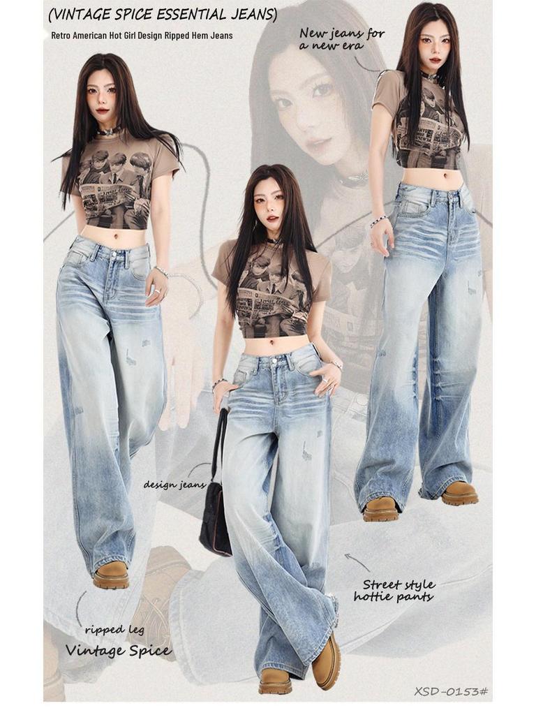 Women's Light Blue High-Waisted Ripped Straight-Leg Jeans - Street Style, Autumn/Winter, Loose Fit, Slimming Effect.