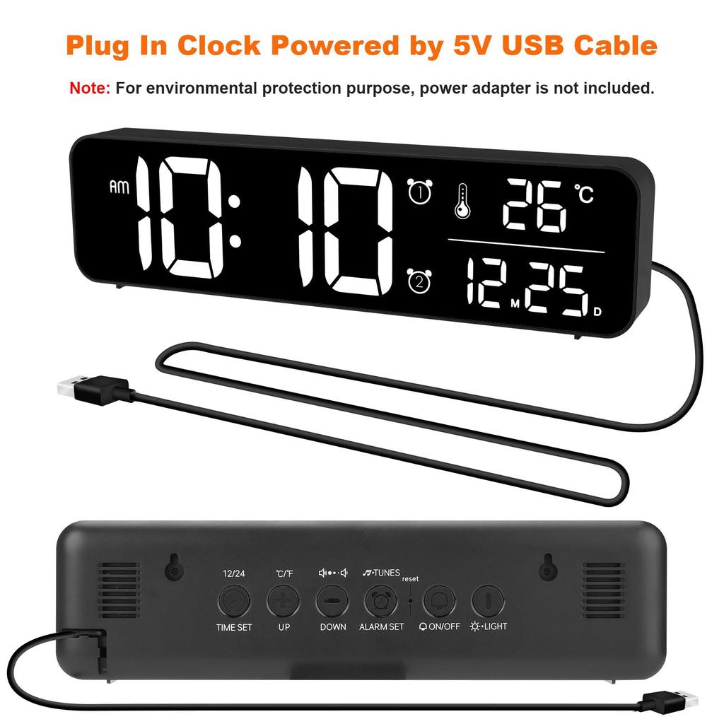 Réveil numérique ALANAS avec variateur de répétition et réglage du volume, port de charge USB, horloge alimentée pour chambre/salon