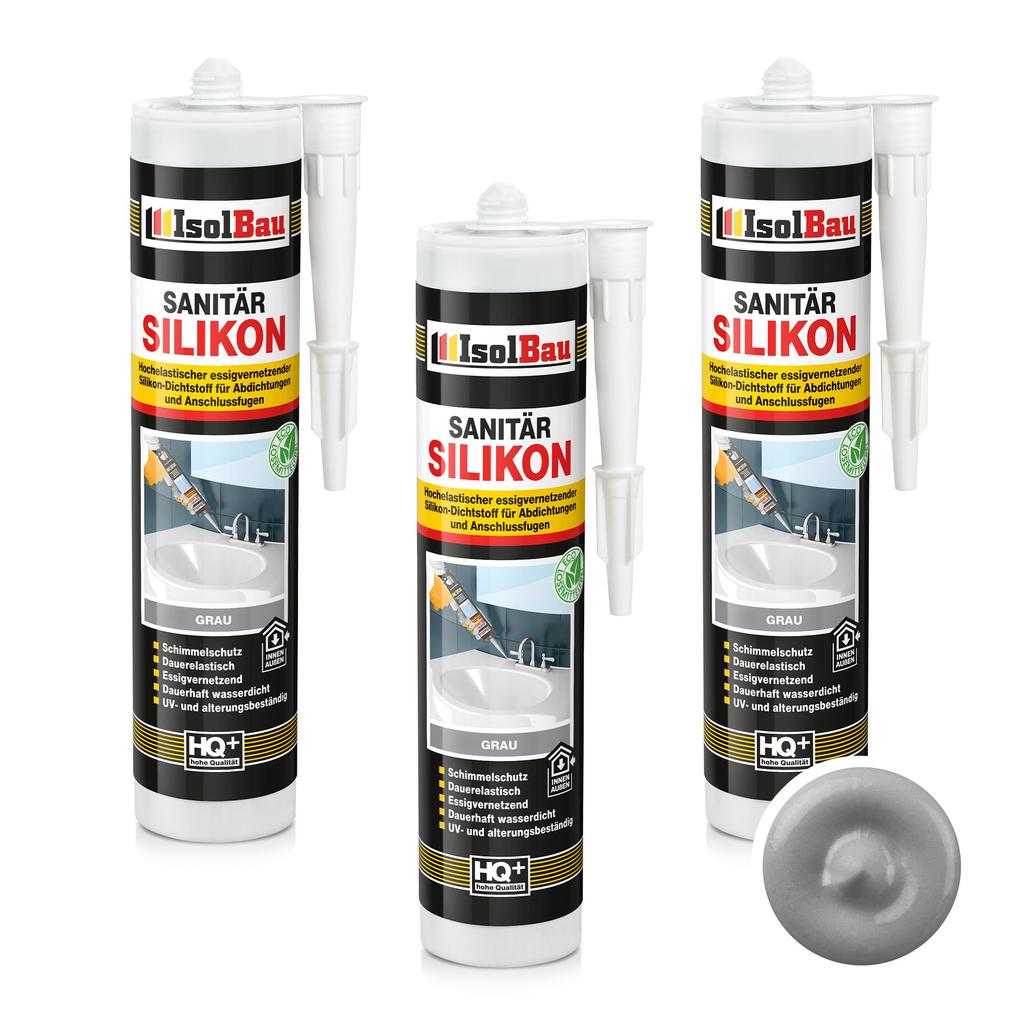 IsolBau Sanitary Silicone Gray Sanitär Silikon 3 x 300ml