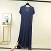 Loose V-Neck Short-Sleeve Modal Nightdress for Plus-Size Women - Spring/Summer Long Slit Skirt Style