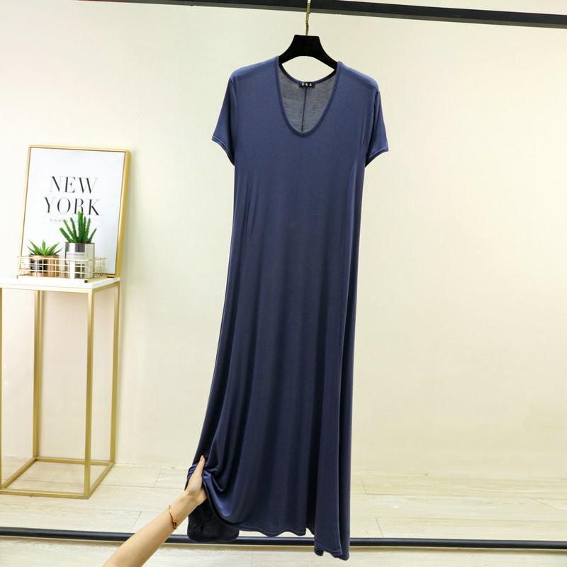Loose V-Neck Short-Sleeve Modal Nightdress for Plus-Size Women - Spring/Summer Long Slit Skirt Style