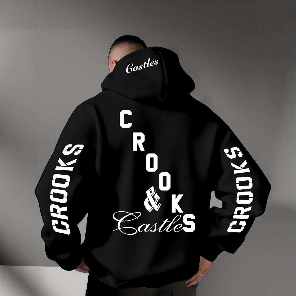Staggered Letters Back Sleeves Same Print Hooded Sweater Loose Shoulder Men and Women Same High Street