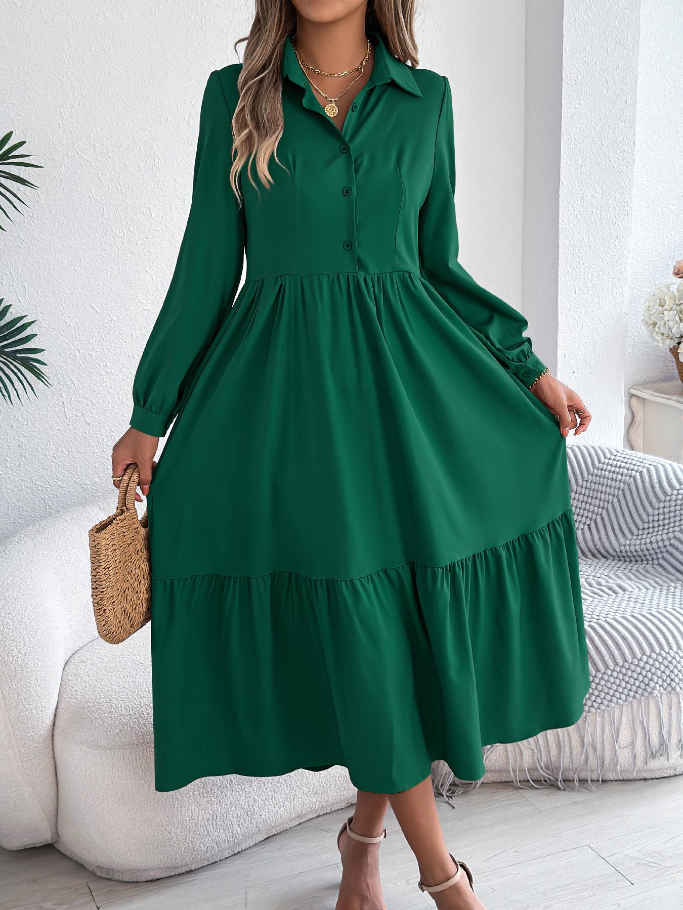 

women s Solid Color Turn Down Collar Button Front Long Sleeve Ruffled Hem Loose Shirt Midi Dress Casual Sundress XL