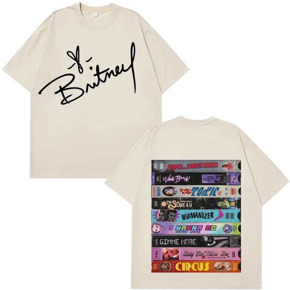 Britney Spears Unterschrift & Klassiker Kassette Doppel-Sided Übergroßes T-Shirt, Unisex 2000er Pop Fan Streetwear Tee, 100% Baumwolle Lässiges Kurzes Shirt