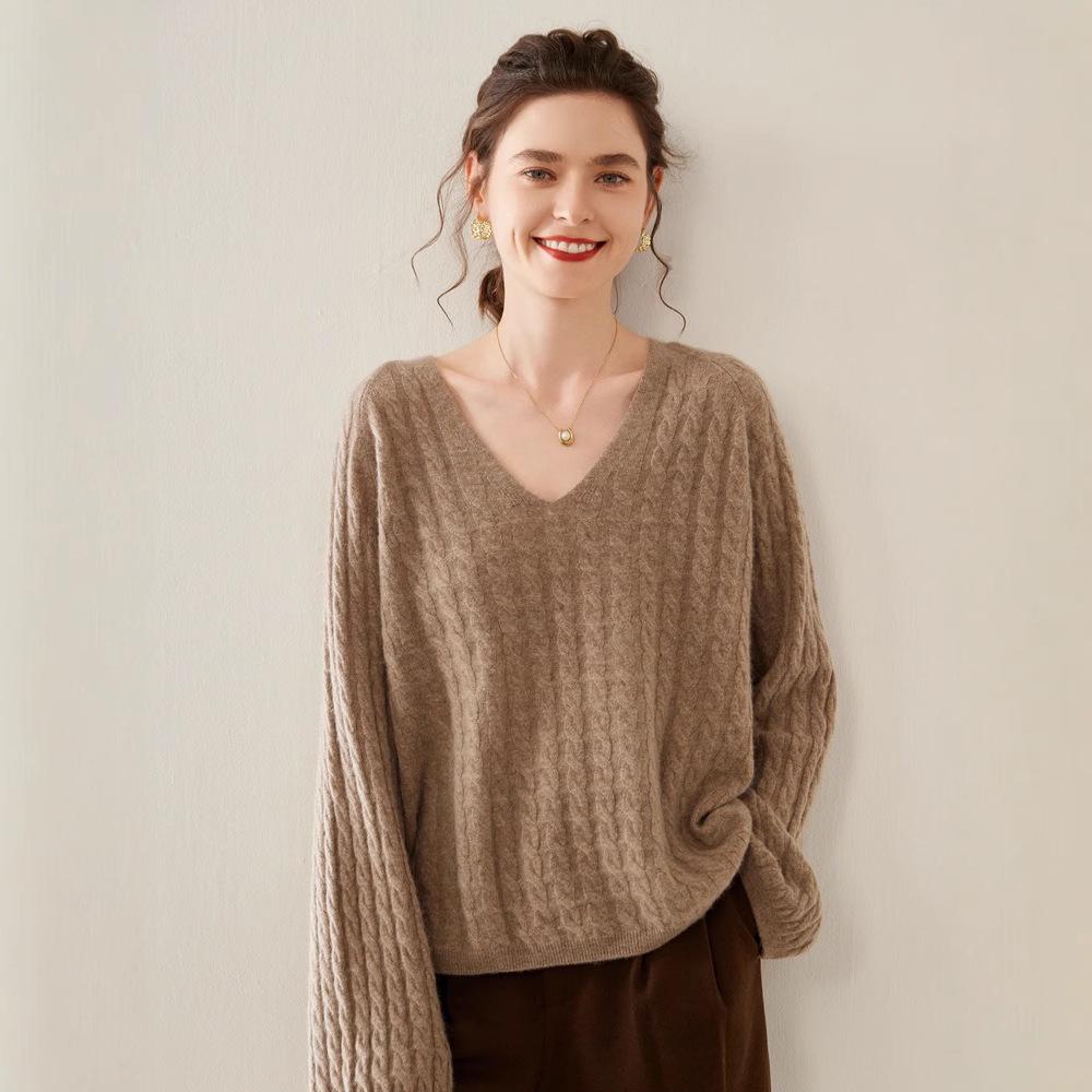 Women's Cashmere V-Neck Sweater - Autumn/Winter Knit, Loose-Fit, Slimming Korean Style Fashion