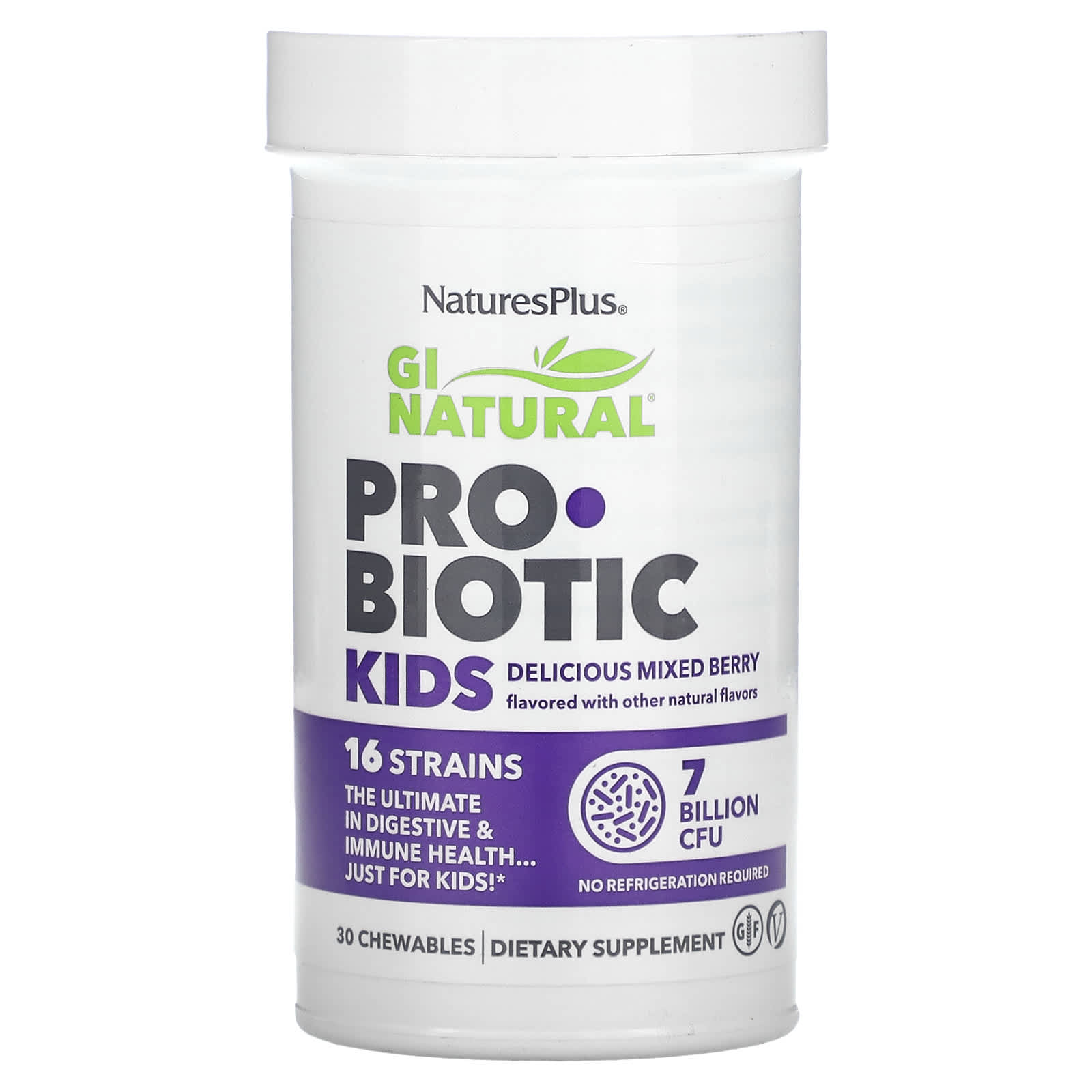 

NaturesPlus, GI Natural Probiotic Kids, refreshing mixed berry flavor, 7 billion CFU, 30 chewables