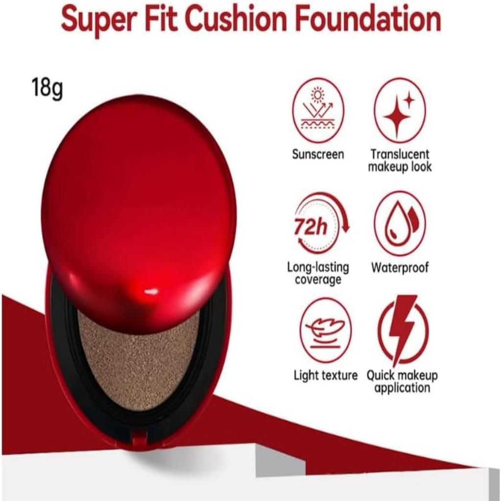 Red cushion foundation Light finish Lasts for 72 hours Buildable coverage Sun transparent makeup Focuses on maintaining coverage texture, semi-matte